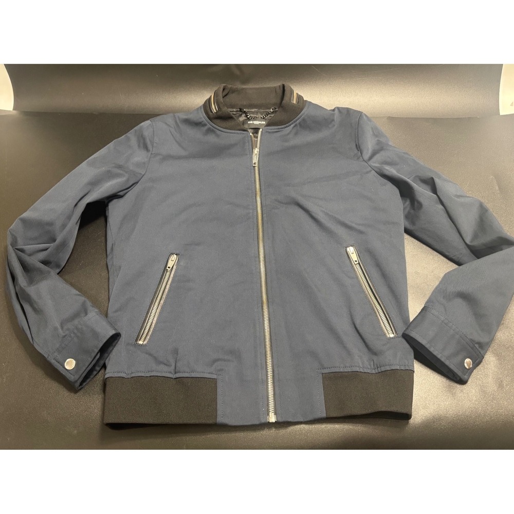 The Kooples NEW Men's Bomber Jacket‎ Navy Blue Leather Trim Zipper Size Small